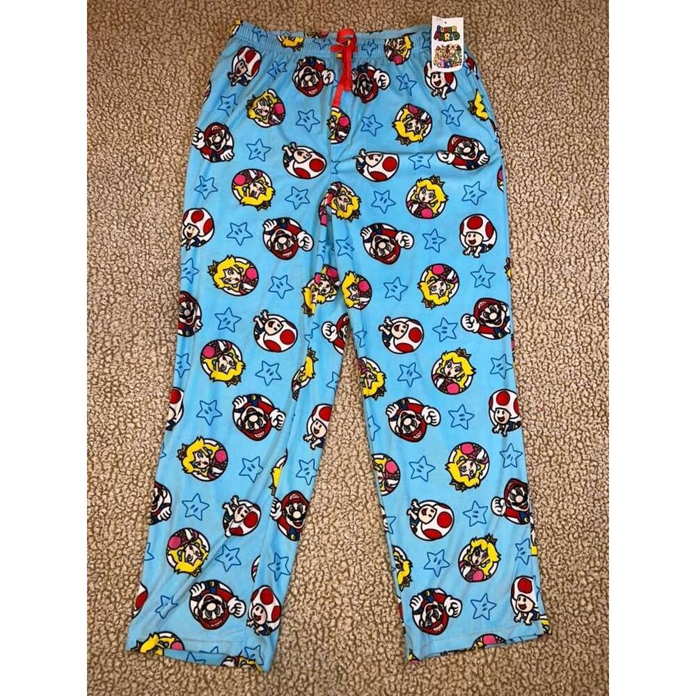 Super Mario Pajama Pants Mens Large Blue Lounge Nintendo Mario Peach Toad